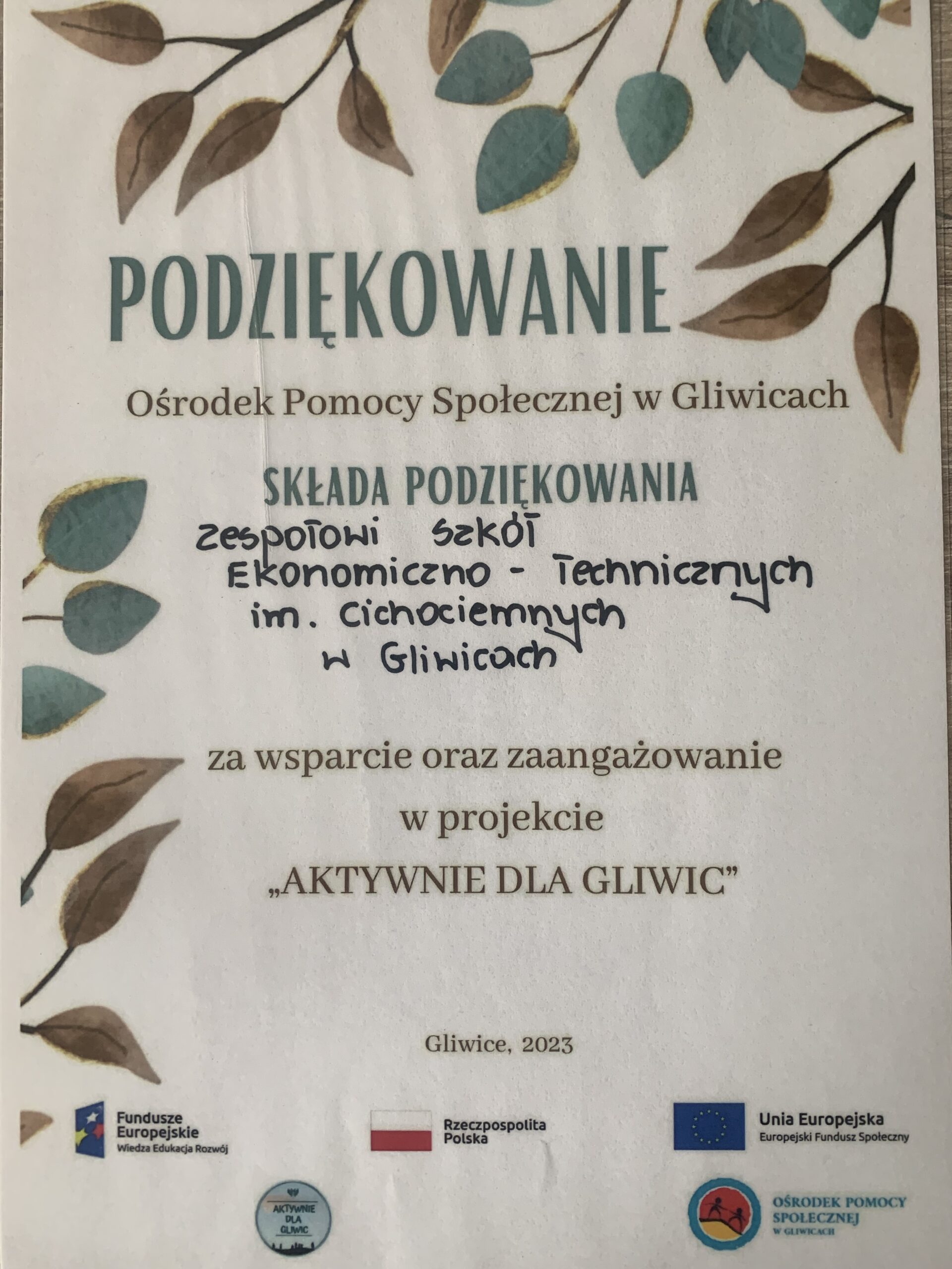 podziekowanie ośrdoka pomocy społęcznej szkole za pomoc w akcji aktywne Gliwice