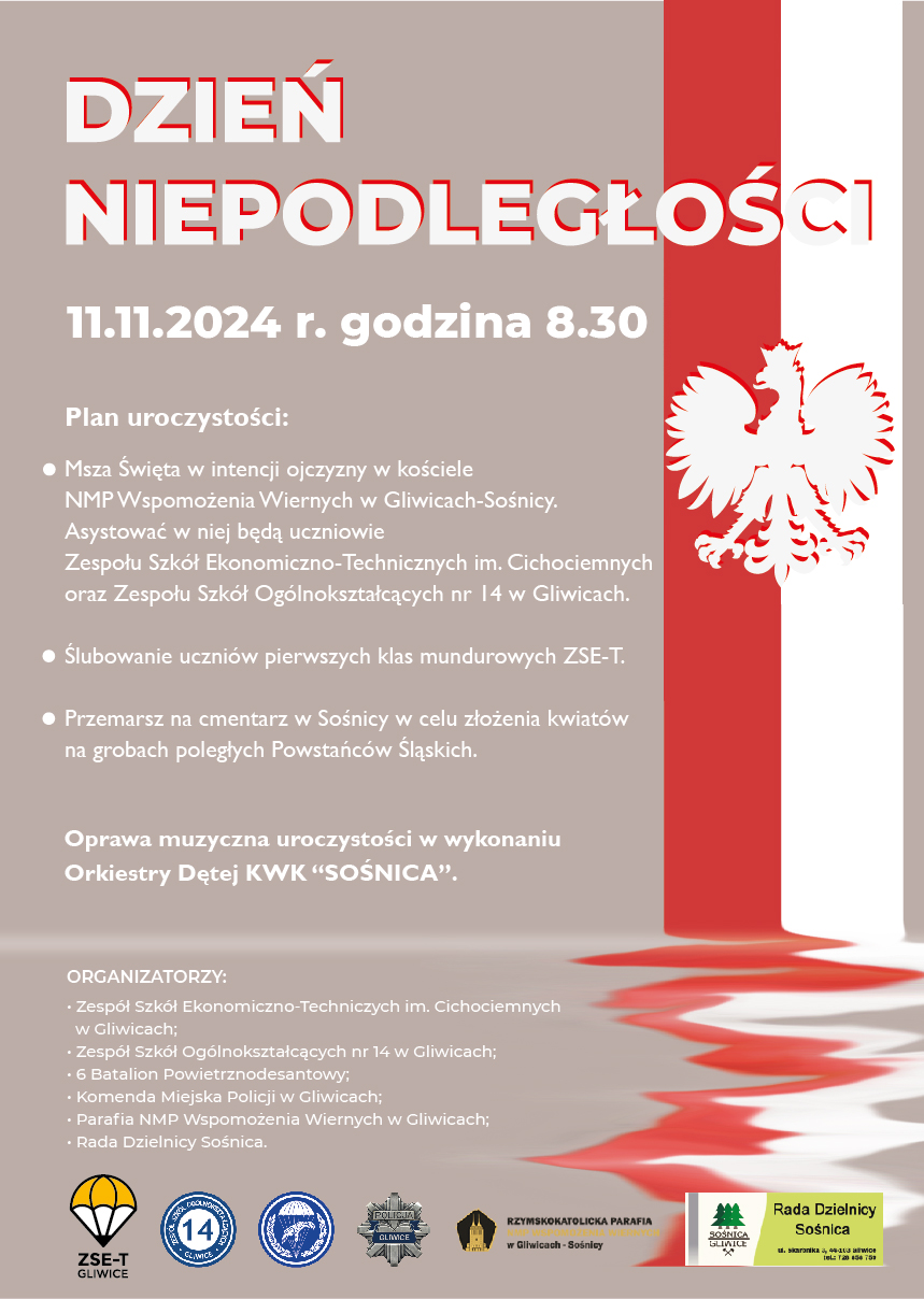 11.11.2024r. o godz. 8.30 - w 106 rocznicę odzyskania przez Polskę Niepodległości, z inicjatywy ZSET, ZSO nr 14, SP nr 21 oraz Rady Dzielnicy Sośnica odbyła się w kościele pw. NMP Wspomożenia Wiernych w Gliwicach-Sośnicy uroczysta Msza Święta w intencji Ojczyzny w której asystowali uczniowie wszystkich klas mundurowych Zespołu Szkół Ekonomiczno-Technicznych im. Cichociemnych. Po mszy, na tle powiewającej biało-czerwonej flagi odbyło się ślubowanie uczniów pierwszych klas mundurowych na sztandar Zespołu Szkół Ekonomiczno-Technicznych , które w zgodnie z ceremoniałem przeprowadził uczeń klasy 5b młodszy chorąży kadet Marcin Grajlich, a przemówieniem ubogacił Dyrektor ZSET-Pan Lesław Ogon. Następnie odbył się tradycyjny już przemarsz na cmentarz w Sośnicy w celu złożenia kwiatów i zniczy na grobach poległych Powstańców Śląskich w setną rocznicę I Powstania Śląskiego. Uroczystość zaszczycili swoją obecnością przedstawiciele samorządu terytorialnego, KM Policji w Gliwicach oraz 6 batalionu powietrznodesantowego, a także Dyrekcja i Grono Pedagogiczne ZSET, ZSO nr 14 oraz SP nr 21. Oprawę muzyczną tradycyjnie zapewniła Orkiestra Dęta Sośnica. Po całej uroczystości słodki poczęstunek zapewniły sośnickie seniorki. Ku Chwale Ojczyzny!